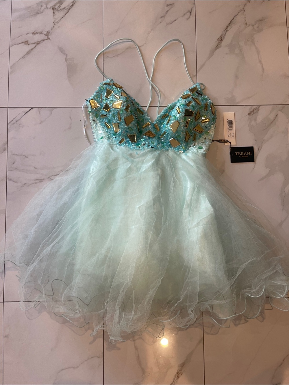 Terani Couture Mint Aqua Beaded Tulle Short Formal Dress